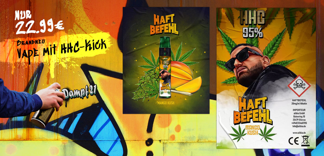 Haftbefehl HHC Vape Plakate an einer Grafitti Wand als Werbung